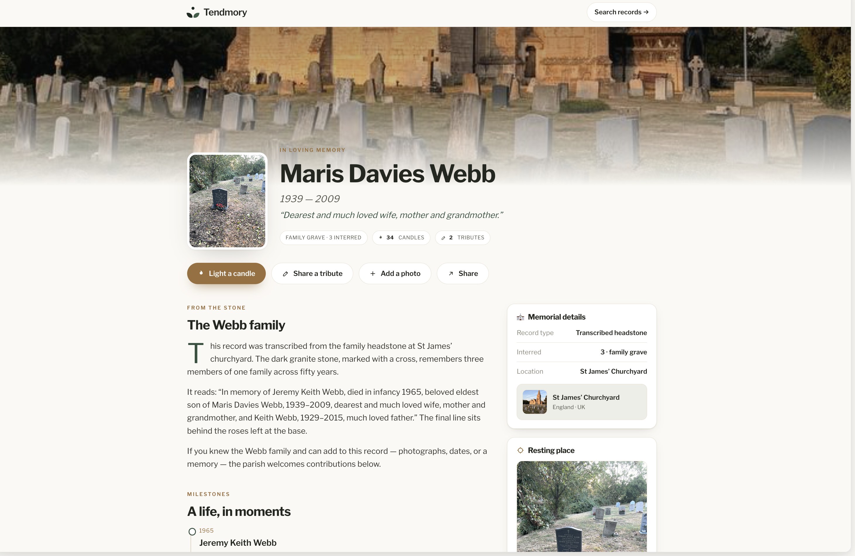 Tendmory memorial page — a public tribute page generated from a cemetery record