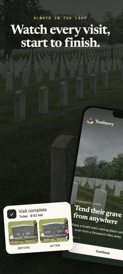 Tendmory Care app showing a photo-verified grave care visit