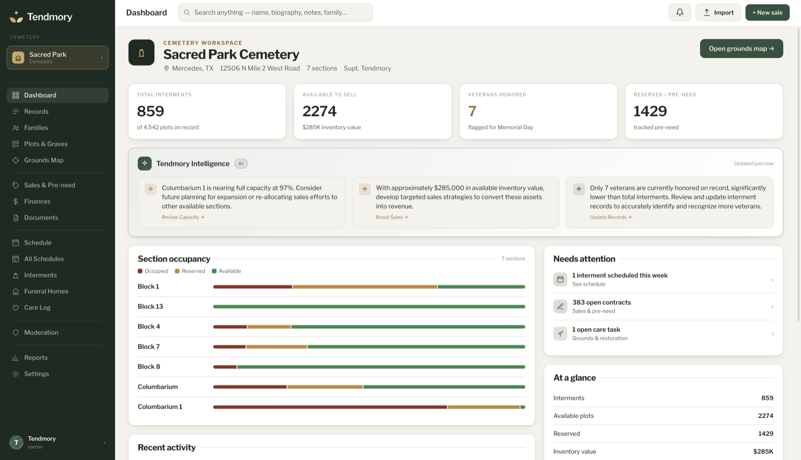 Tendmory cemetery dashboard with occupancy and needs-attention panels